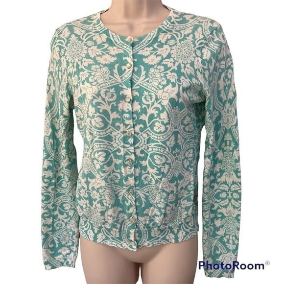 LOFT Sweaters - 𝅺ann Taylor LOFT teal & white detailed button up sweater, S, floral pineapples.
